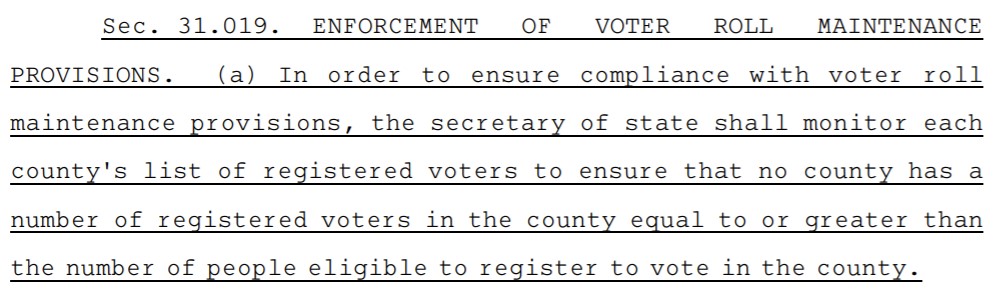 9. This is another NEW PROVISION of the law straight from the right-wing fever swamp. It requires the Texas Secretary of State to ensure no county has more registered voters than people eligible to vote. This is a favorite tactic of far-right orgs alleging voter fraud