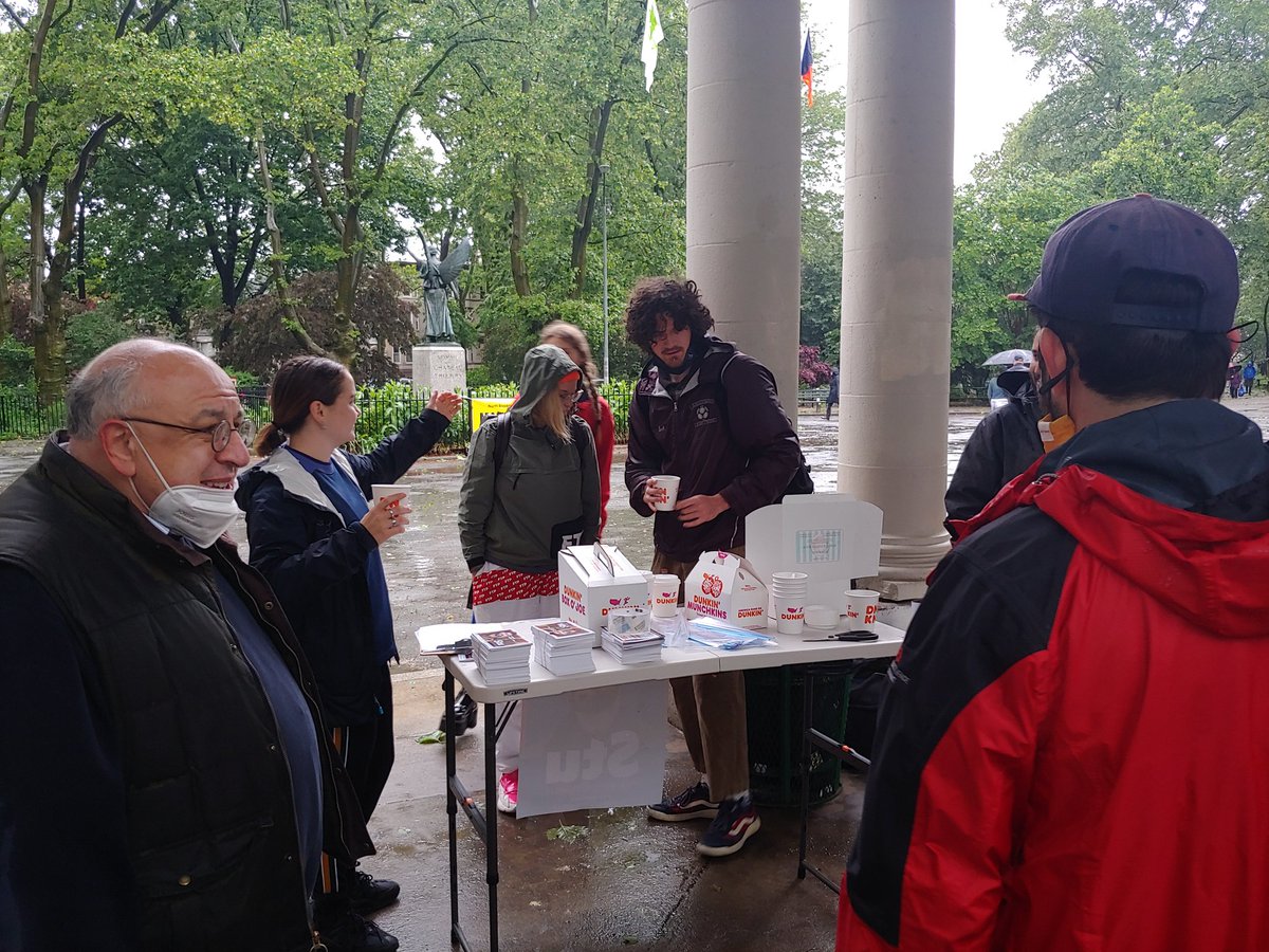 girl_onthego's tweet photo. Not rain nor cold can keep #TeamStu from canvassing &amp; getting votes! (The donuts and coffee don't hurt...neither does an awesome candidate!)

LFG @stu_sherman! Vote for Stu as your #1 on 6/22 - and come meet him in McGorlick park today before 1pm, or in Cadman Plaza tomorrow! https://t.co/YBOgWDaZ2u