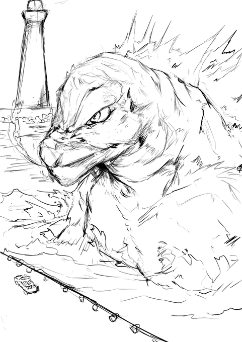KOM見ながらオヤジ様のリクエストでゴジラ描いてました 