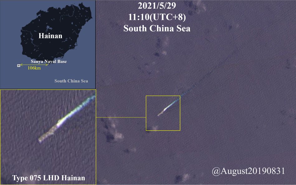 #PLAN #Type075 LHD Hainan was spotted in the #SouthChinaSea about 106km west of Sanya Naval Base on May 29.
Image:©PlanetLabs