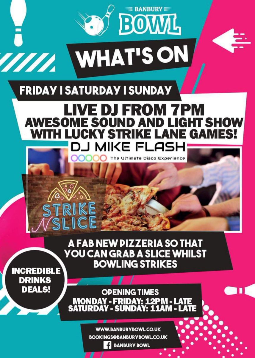 DjMikeFlash's tweet photo. Saturday Nights never felt so good ...
Bowling with a Live DJ taking your requests, order your food & drinks from your booth straight to you and your mates, what more could you want!
Get your lanes booked now @BowlBanbury
#Banbury #Bowl #DiscoBowl #Oxfordshire https://t.co/Dpgxe1WJTw