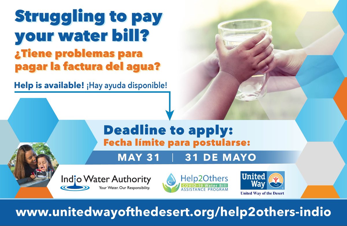 IndioWater's tweet photo. Don't forget to apply for help paying your Indio Water Authority
bill if you've fallen behind because of COVID-19! Check out the details here and apply through May 31: https://t.co/0shReEPMLS https://t.co/ydthePwcNB