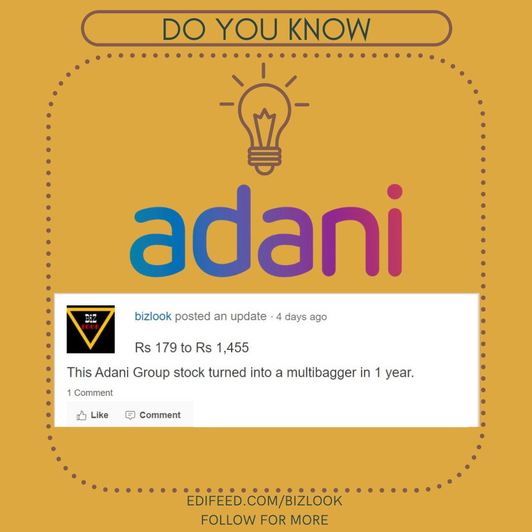 edifeed's tweet photo. Do you know?
Rs 179 to Rs 1,455
This Adani Group stock turned into a multibagger in 1 year. 😱🙌🏻
Follow BIZLOOK on edifeed for more interesting facts.
#interestingfacts #businessfacts #businesstips #education #interesting #growthmindset #growyourknowledge #knowledgeispower📚 https://t.co/v4X4133pOn