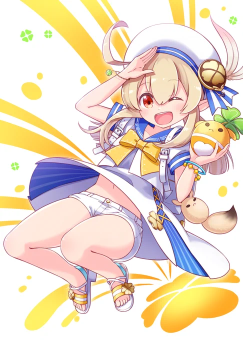 夏服クレーちゃん!…を妄想して描きました。次のバージョンではクレーちゃんが目立つみたいでとても楽しみです🏝️ #原神 