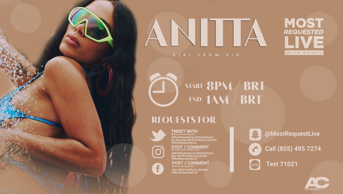 AnittaCrave's tweet photo. Guys, tonight there is #MostRequestedLive, and from 8pm BRT, we will be posting goals with requests for "Girl From Rio" to be the most requested song to play on the show on more than 150 radio stations in the US.

 Request song on all networks. https://t.co/wp9K7SnyTn