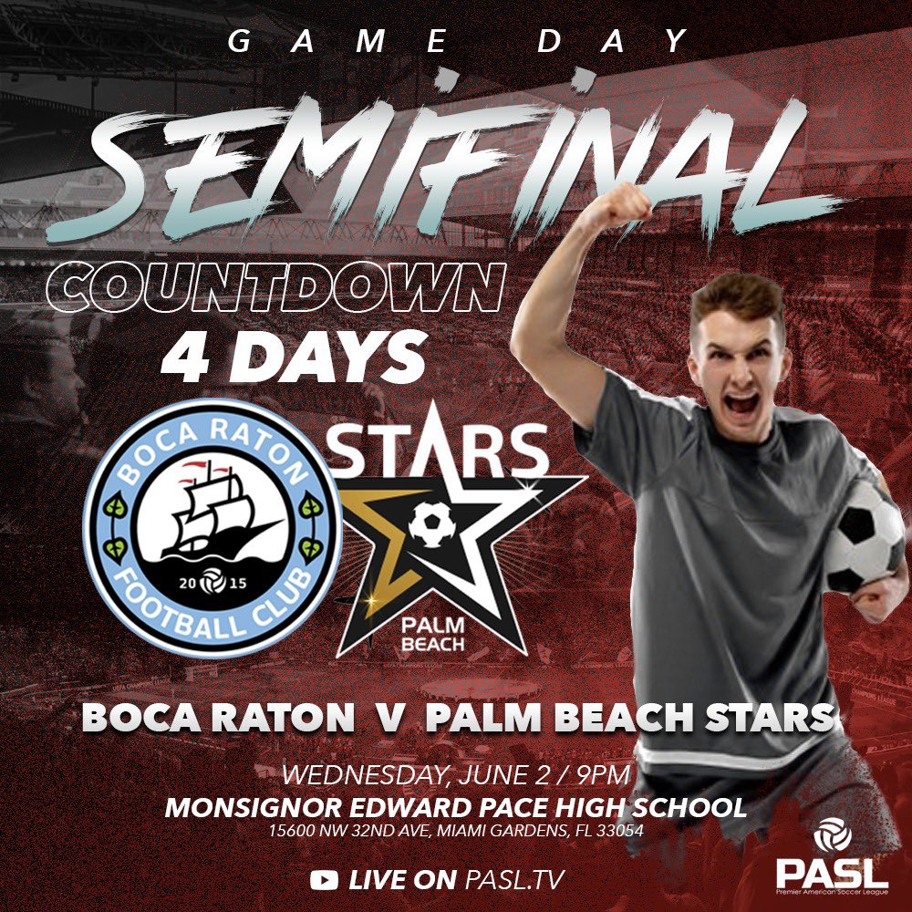 Wednesday 9pm! We’re four days away from <a href="/BocaRatonFC/">Boca Raton FC</a> v <a href="/palmbeachstars/">Palm Beach Stars</a> on PASL.TV