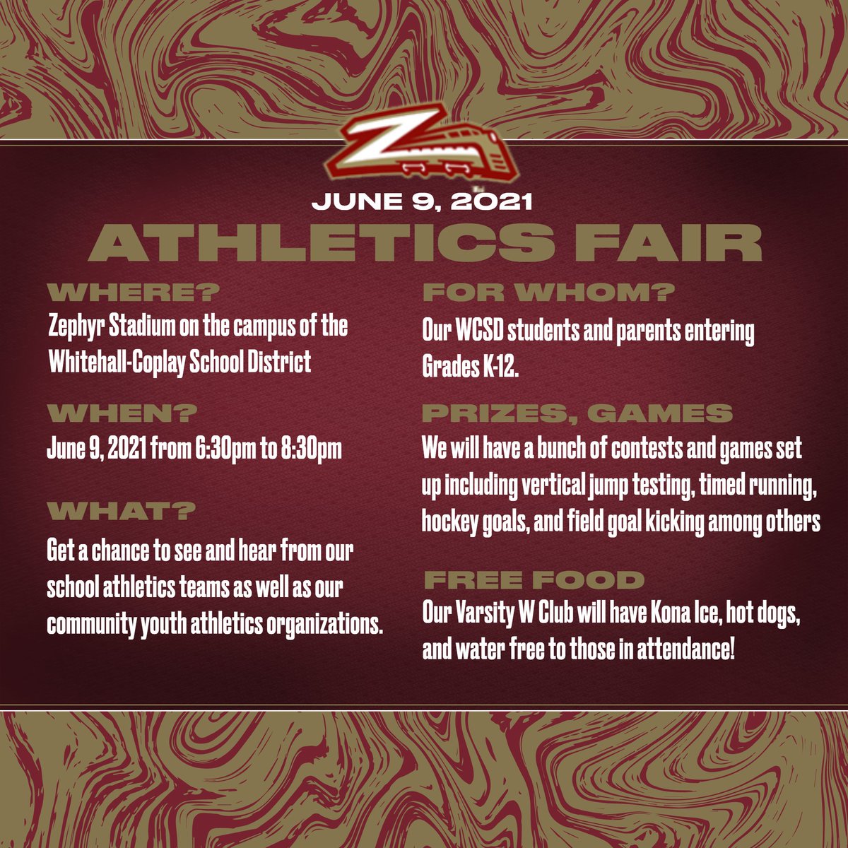 A great new event for our entire athletics community.  June 9 from 6:30pm - 8:30pm at Zephyr Stadium.  Open to all students and parents of the Whitehall-Coplay School District.  Lots of free giveaways!