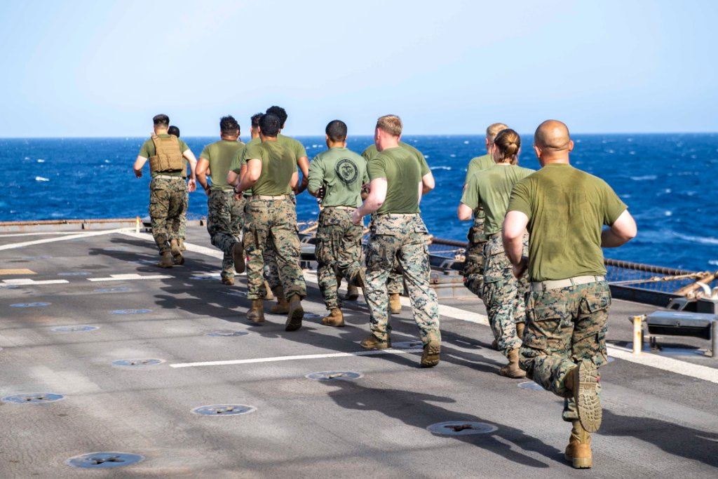 #Marines with 24th Marine Expeditionary Unit run on the flight deck of <a href="/USNavy/">U.S. Navy</a>'s USS Carter Hall while operating in the Mediterranean Sea.

Flight decks are commonly opened for exercise when ships are not conducting flight operations.