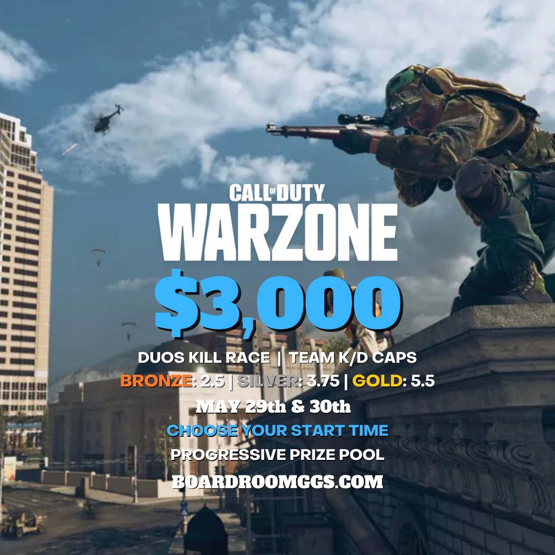 boardroomggs's tweet photo. 💰 $3,000💰

⏰ May 29th &amp; 30th

💎 DUOS

Sign up here ⬇️
 
https://t.co/HBPgunO2Uj

#warzone #boardroomggs https://t.co/NoQnlyqsWG