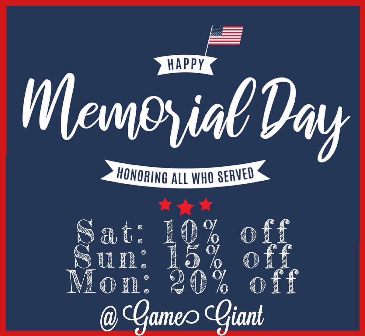 gamegiantfargo's tweet photo. We hope you enjoy this beautiful Memorial Day weekend! 🇺🇸 If you’re in Fargo, make sure to stop by for deals on our board games &amp; outdoor games… just mention this post! 

Plus, enjoys some deals over at @gamegiantfargo too! 

Sat: open 10a-8p
Sun: open 12p-6p
Mon: open 11a-6p https://t.co/TgQ2NcUclP