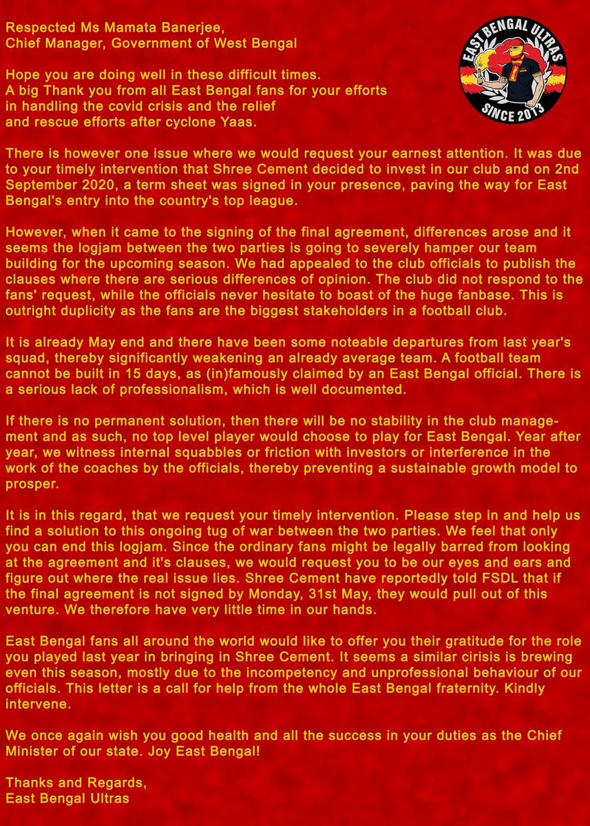 Agradeepsaha2's tweet photo. Honorable CM @MamataOfficial we request you to pls resolve the issue between @sc_eastbengal and @shreecementltd ! Millions of #EastBengal fans are suffering due to this. #JoyEastBengal #RajaEbarCharoGodi https://t.co/QDflXkm6I2