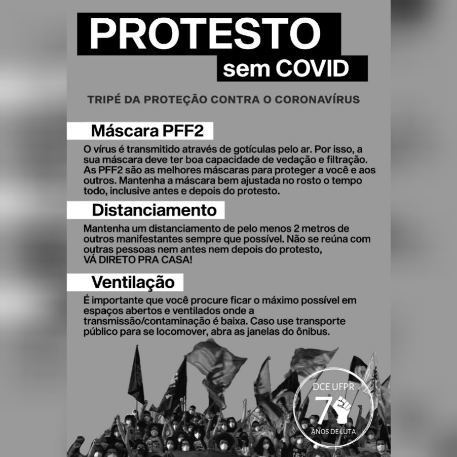 HOJE É DIA DE Protesto sem COVID ✋😠

TRIPÉ DA PROTEÇÃO CONTRA O CORONAVÍRUS

Siga <a href="/qualmascara/">Qual Máscara?</a> e @protestosemcovid para mais informações.
.
.
.
#ForaBolsonaro #TsunamiVemAi #TiraAMaodaFederal #29M

🏛️ Diretório Central dos Estudantes
✊ Gestão Unidade Pela UFPR