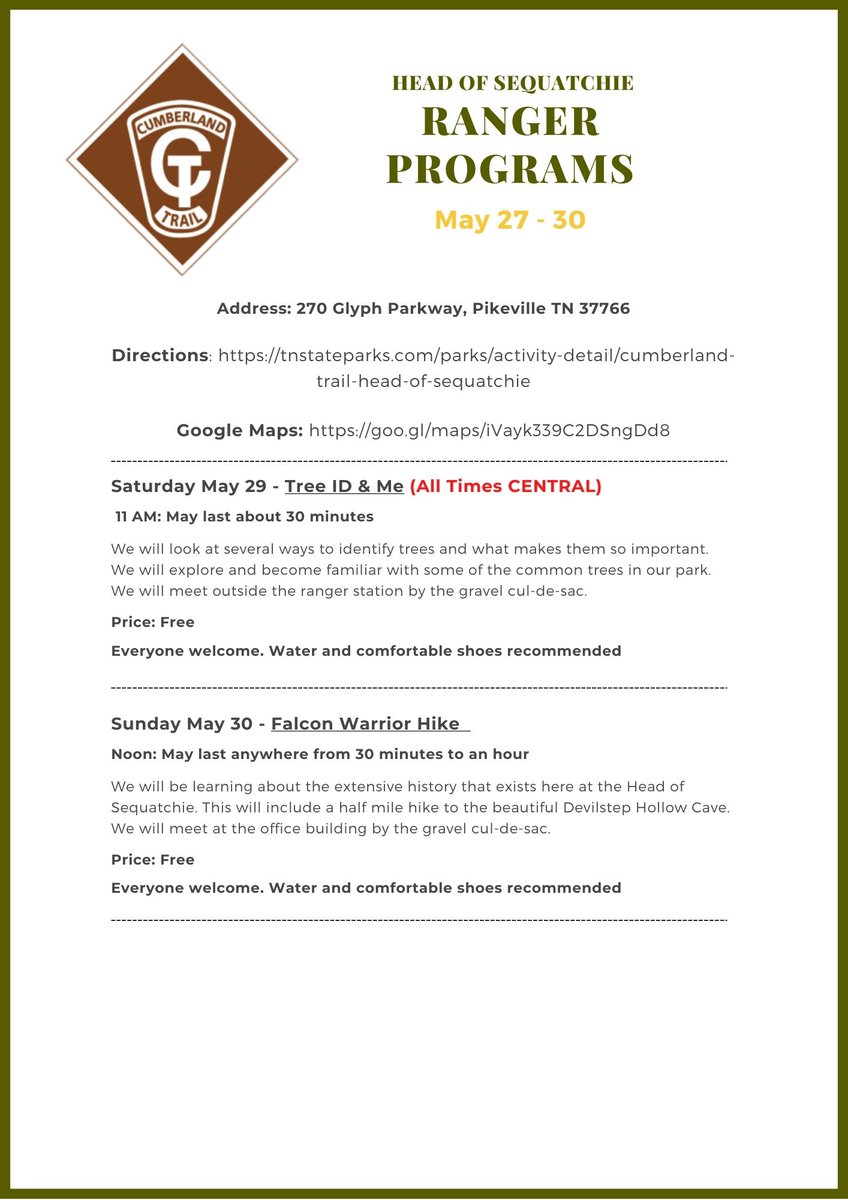 Weekend Programs with Seasonal Recreator Rachael at the Head of Sequatchie! See images for Times! 

Open Hours: 9am - 5pm CST

Address: 270 Glyph Parkway, Pikeville TN 37766

Directions: tnstateparks.com/parks/activity…

Google Maps: goo.gl/maps/iVayk339C…