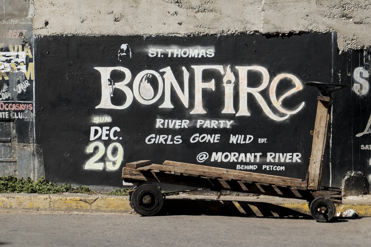 traceythorne's tweet photo. Here's a close up of the Bonfire #dancehall sign in #MorantBay painted by hand direct to the wall it carries the details of the old party. Usually painted over the top of another sign so normally these would be refreshed every so often by local #signpainters #Jamaica https://t.co/uiDhyMYIKX