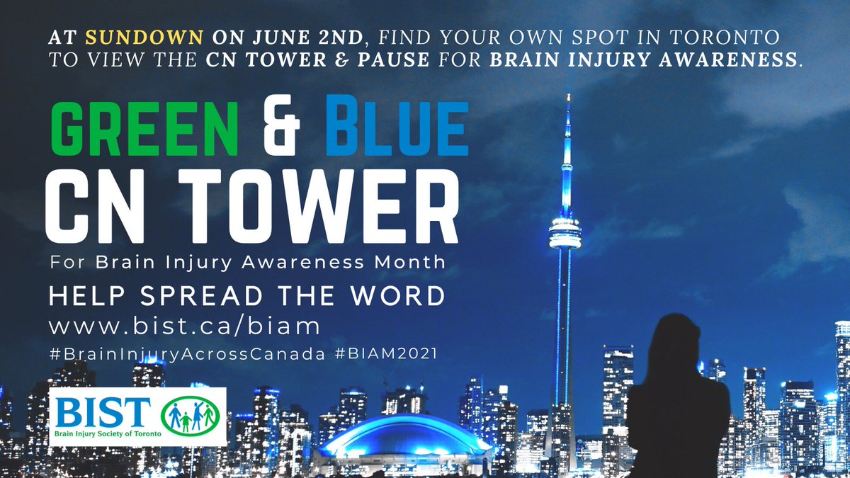 BrainInjuryTO's tweet photo. On June 2nd at sundown, @TourCNTower will be lit green &amp; blue for Brain Injury Awareness Month. Spread the word, and if you can, take a moment to find a spot to check out the view. Take a picture and share on social media to spread awareness!  #BIAM2021 #BrainInjuryAcrossCanada https://t.co/zciU7x8i4Q