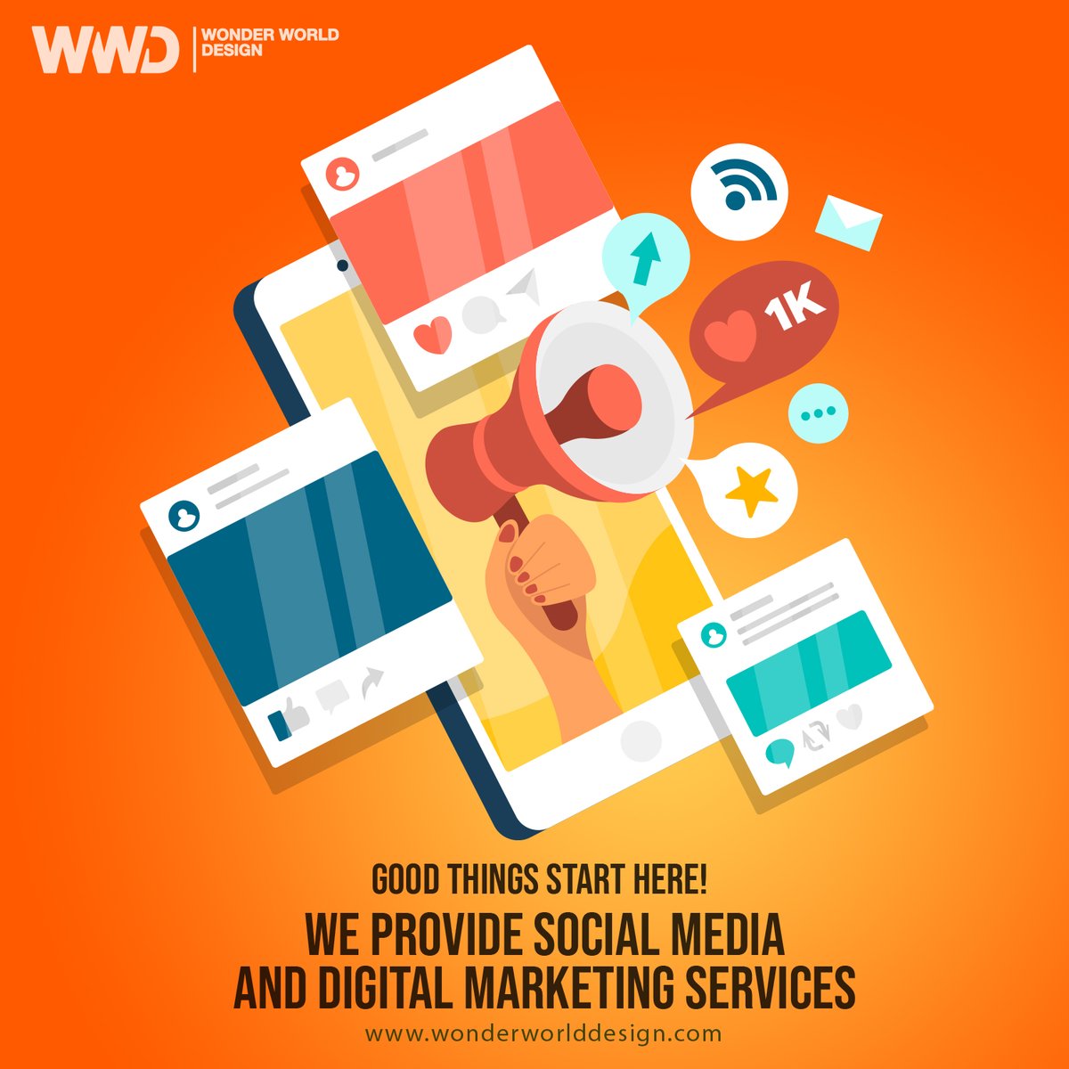 GOOD THINGS START HERE!
WE PROVIDE SOCIAL MEDIA &amp; DIGITAL MARKETING SERVICES

Consult with our experts today!
Phone: +97142663517
Mobile: +971502885313
info@wonderworlddesign.com
wonderworlddesign.com
Address: Office 209, Al Yasmeen Building next to Abu Hail Metro...