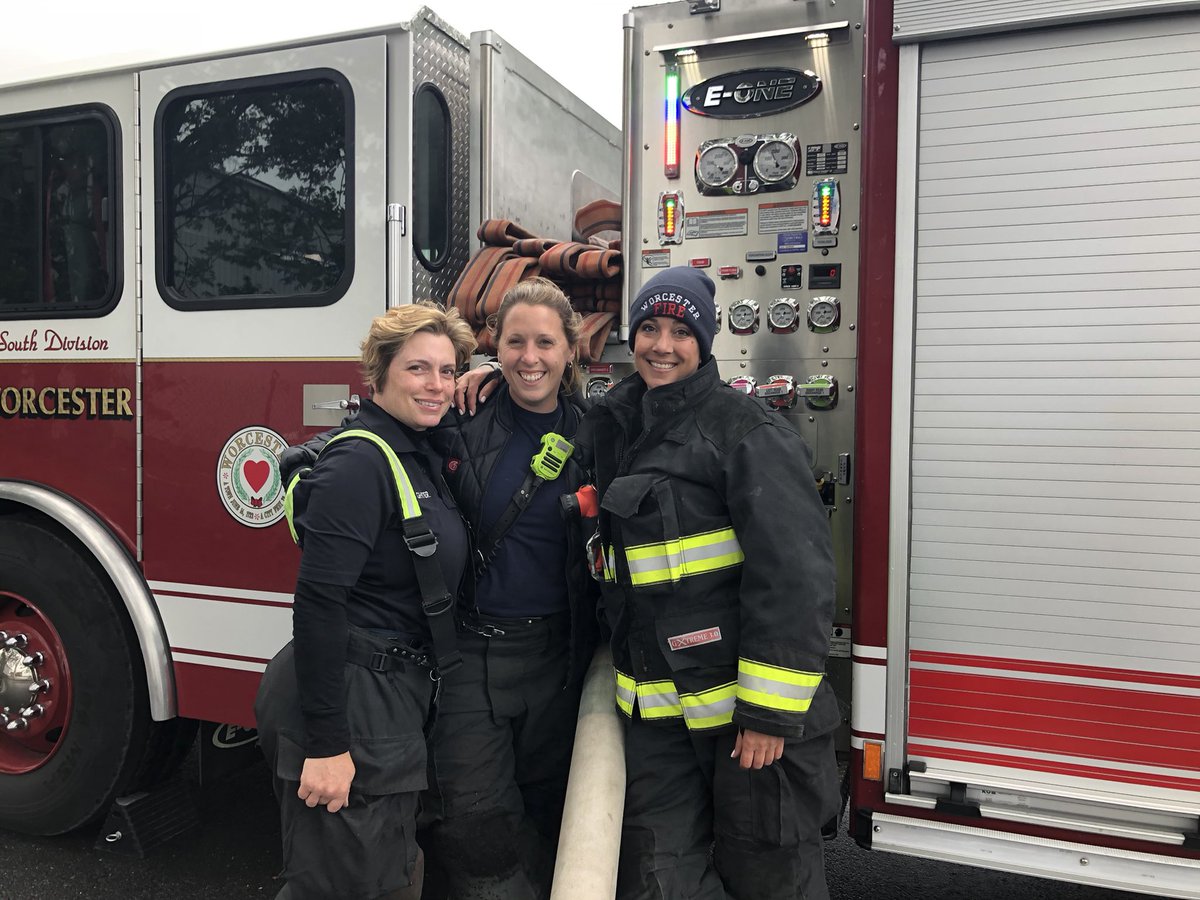 Robin, Gina and Melissa working today’s shift on Engine 2 marks the first time the Worcester Fire Department has an all female crew!
