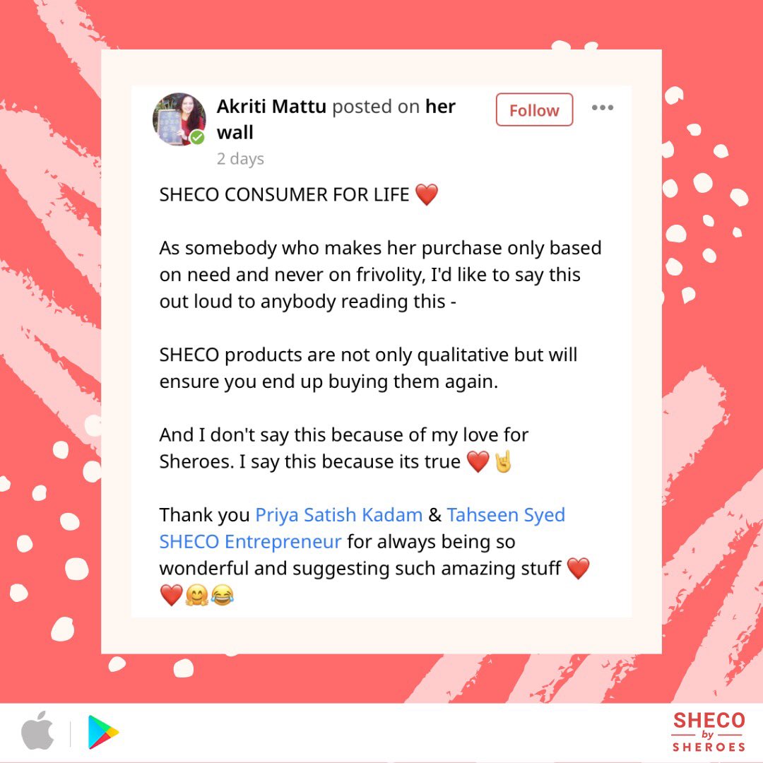 SHOPonSHEROES's tweet photo. Love from #SHECO customers always makes our day 💜 Thank you Akriti Mattu, @chuckles_01, for encouraging our Sheco partners and trusting them with your shopping.
#customerlove #womenentrepreneurs #SHEROES https://t.co/JwyzqDZN08