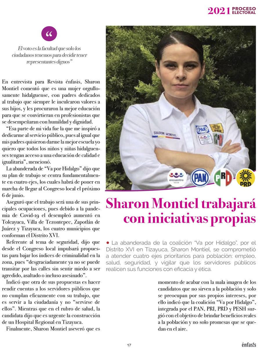 🚨#Atención
🗣️📢 ¡¡Ya está lista #RevistaÉnfasis de #mayo!!

En esta edición: « <a href="/SharonMontielS/">Sharon Montiel</a> trabajará con iniciativas propias»
 
Checa el contenido completo de la revista 👉🏼 noticiasenfasis.com.mx/revista/revist…

#ConoceATuCandidato 👉🏼youtu.be/EyNbQu-Mqwo

#Tizayuca​ #Hidalgo