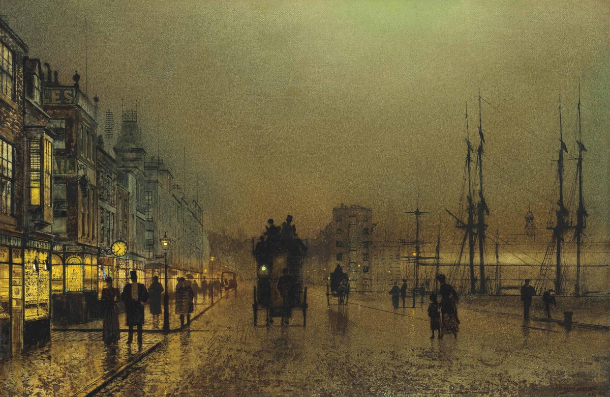 ResimVesaire's tweet photo. 🎨 Gelmiş geçmiş en iyi "puslu akşamlar ressamı" İngiliz John Atkinson Grimshaw'dan (1) A Wet Moon, Putney Road, (2) Prince’s Dock, Hull, (3) Glasgow, Twilight, (4) Whitehall. https://t.co/XmZBuI2fMA