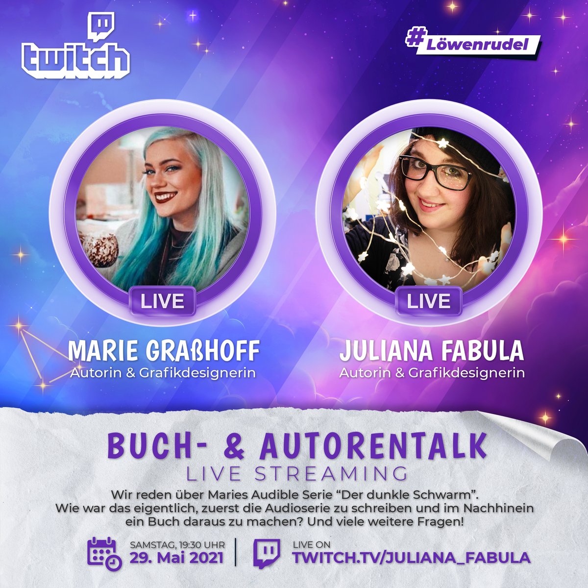Juliana_Fabula's tweet photo. Heute habe ich Marie Graßhoff zu Gast im Stream und wir reden ein bisschen darüber wie das eigentlich so ist eine Audible-Serie zu schreiben uvm. Schaltet gerne ein! Um 19:30 Uhr geht es los! https://t.co/9Az054JBw4
#autor_innenauftwitch #bookishtalk #bookishtwitch https://t.co/GLAHCTg6Fr