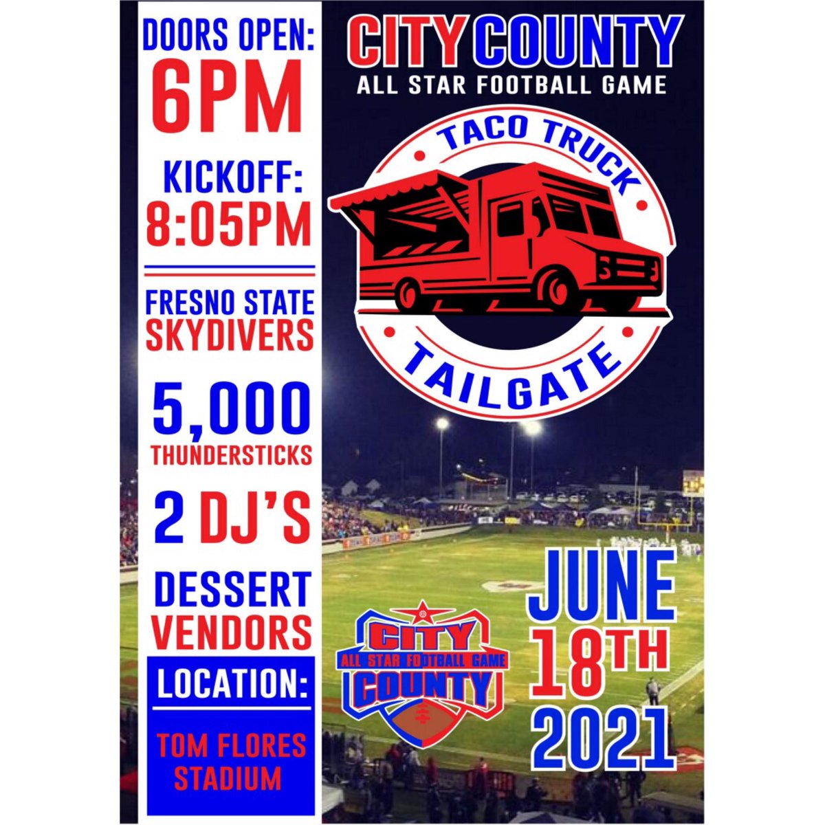 Mark you calendars for the City County All Star Football game, June 18, 2021, at Tom Flores Stadium. Doors open 6pm, Kickoff 8:05pm. The County team led Apache Head Football Coach Jorge Peña. This is first time Sanger is hosting the game. #Sanger #citycountyallstargame #Apaches