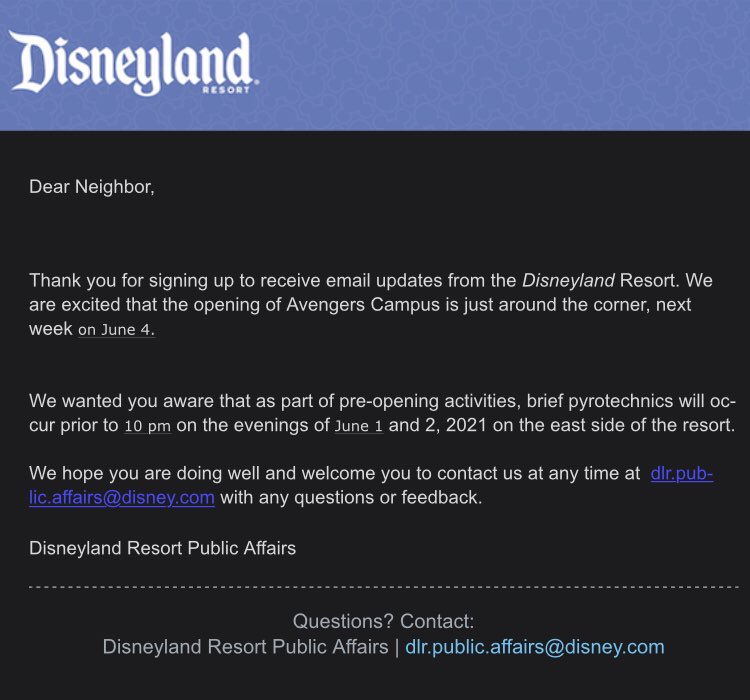 MagicAndWalnut's tweet photo. The @Disneyland Resort will launch its very first pyrotechnics in more than a year to celebrate the opening of #AvengersCampus next week, according to an email sent to neighborhood residents. 
https://t.co/ra3uj5XAci https://t.co/CGwXkVDtKO