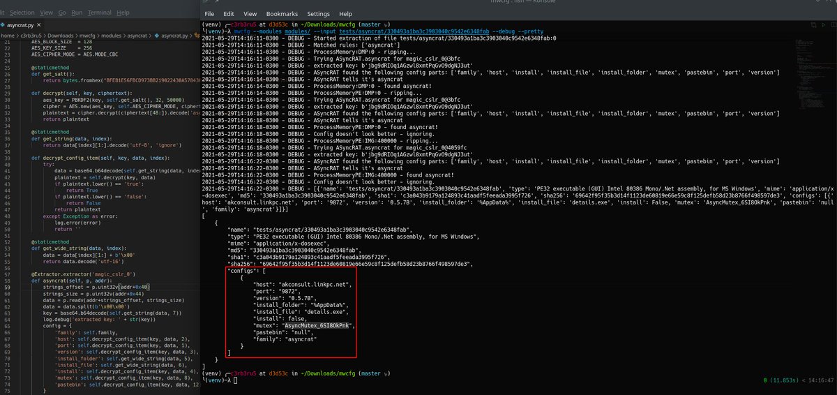 #ASyncRAT #Malware Config Extraction now available on mwcfg.info 🥳🎉

📁 330493a1ba3c3903040c9542e6348fab

🌐 akconsult[.]linkpc[.]net:9872

Happy hunting! 🥳🎉

All code is open-source see links:
github.com/c3rb3ru5d3d53c…
github.com/c3rb3ru5d3d53c…