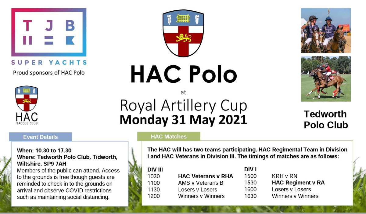 Looking for something to do this #BankHolidayWeekend? Why not grab a picnic and enjoy some military #polo at <a href="/TidworthPolo/">Tidworth Polo Club</a> this Monday. Teams include the <a href="/HACRegiment/">HAC Regiment</a> and HAC Veterans. Access is free. Start 10.30. Please follow #COVID19 guidelines. <a href="/HACSaddleClub/">HAC Saddle Club</a> <a href="/HAC_TheCompany/">HAC</a>