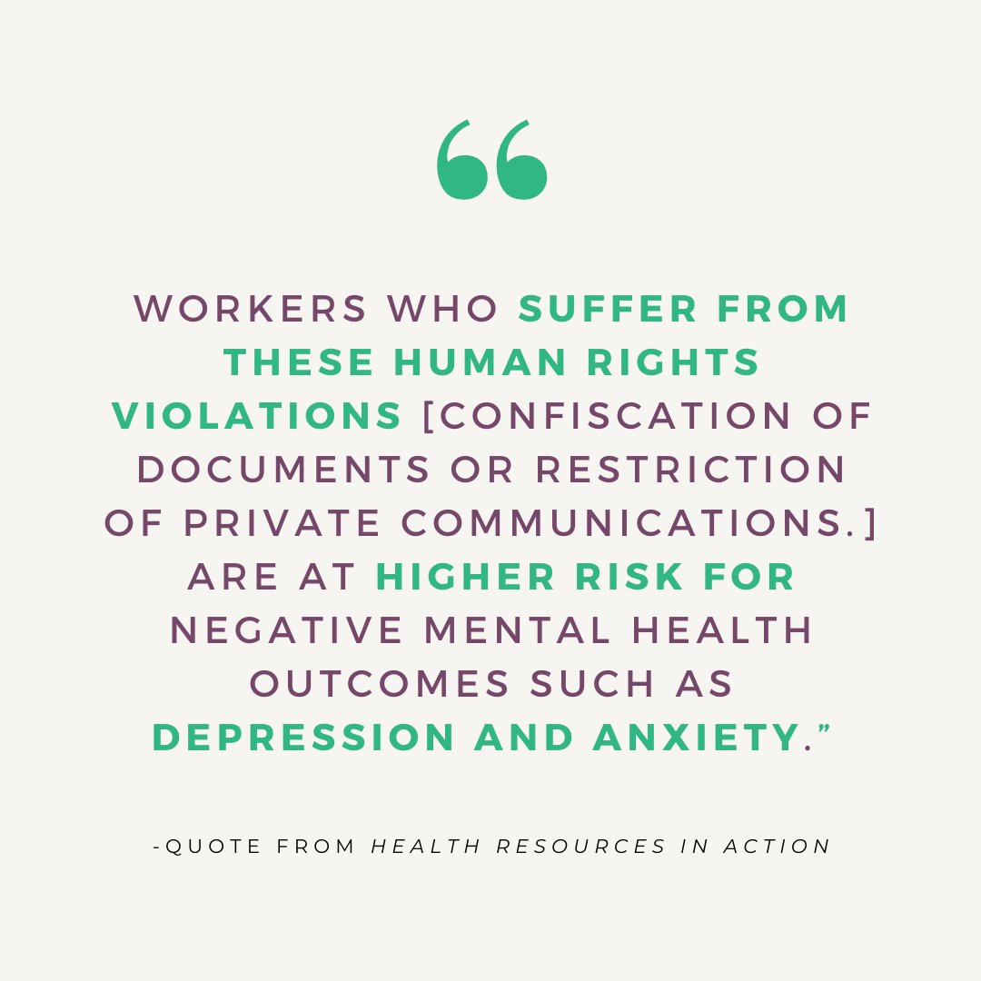Without being protected by significant federal employment and labor protection, too many employers confiscate #domesticworkers identity documents and restrict private communication. These abuses increase the risk for #depression and #anxiety. #MentalHealthAwarenessMonth