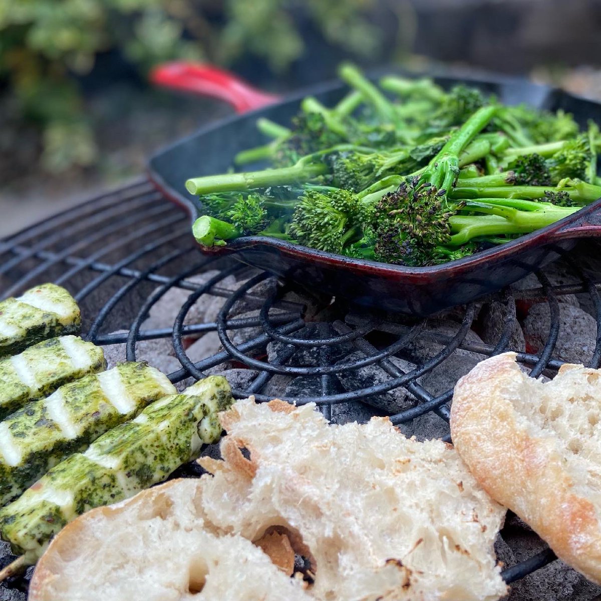 Sun is out so time to cook on the hot coals...sumac chicken and tandoori chicken on the spits, halloumi, tender stems on the bbq, warmed ciabatta and salsa verdi to accompany #bbq #sumac #tandoori <a href="/CyprusBBQ/">Cyprus BBQ</a>