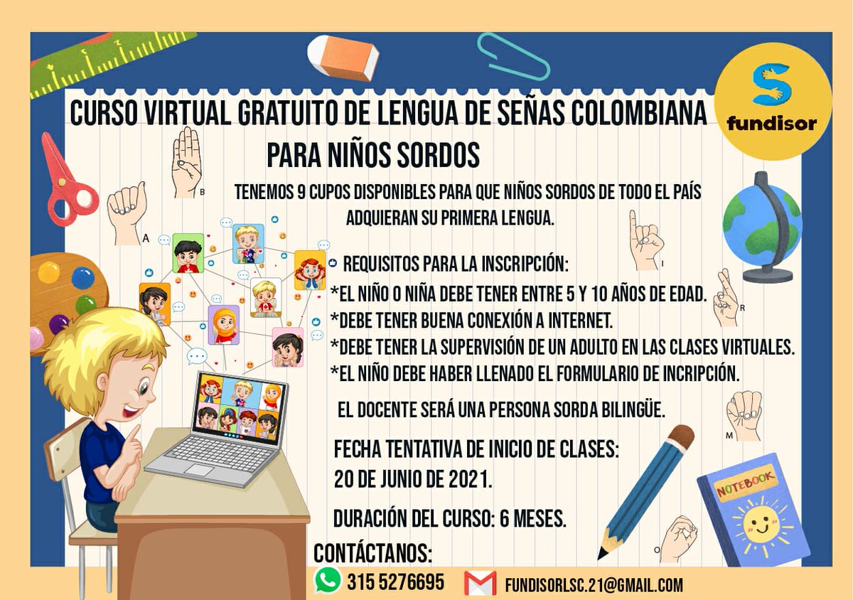 FUNDISOR2's tweet photo. CURSO VIRTUAL GRATUITO DE LENGUA DE SEÑAS COLOMBIANA PARA NIÑOS SORDOS
TENEMOS 9 CUPOS DISPONIBLES  
EL DOCENTE SERÁ UNA PERSONA SORDA BILINGÜE.

LINK DEL FORMULARIO DE INSCRIPCIÓN
https://t.co/UHfKZLto3g https://t.co/cw8dNVVQTV