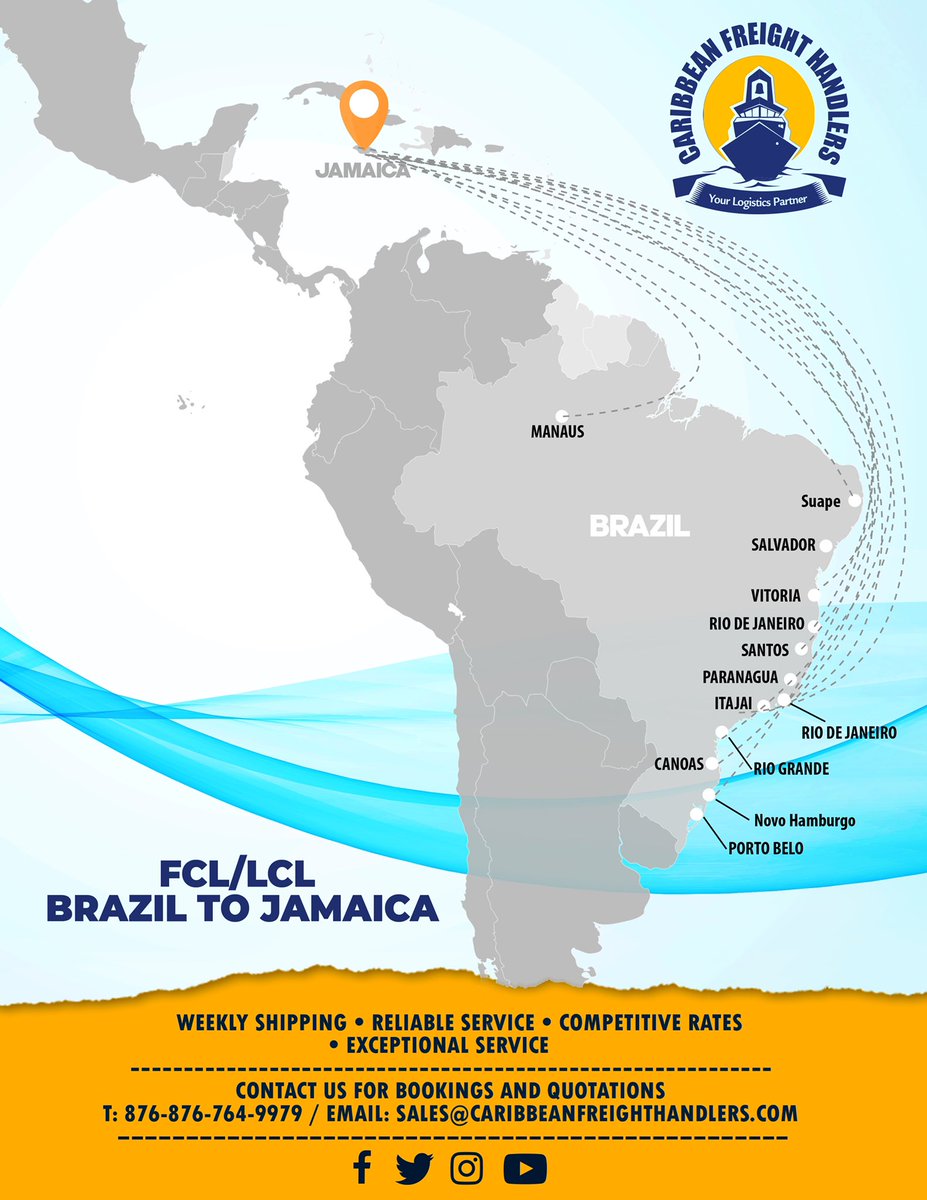 Carifreight's tweet photo. Brazil to Jamaica FCL/LCL shipping. #brazil #lcl #fcl #kingston #jamaica🇯🇲 https://t.co/BSPKR6dOjR