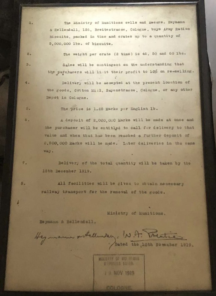 On #InternationalBiscuitDay here’s an item from our Collection which will appeal to Biscuit fans: a contract dated 10th November 1919 between the Ministry of Munitions Disposal Board and Messers Heymann &amp; Hellendall of Cologne for 5,000,000lb of surplus Army Ration Biscuits!..
1/