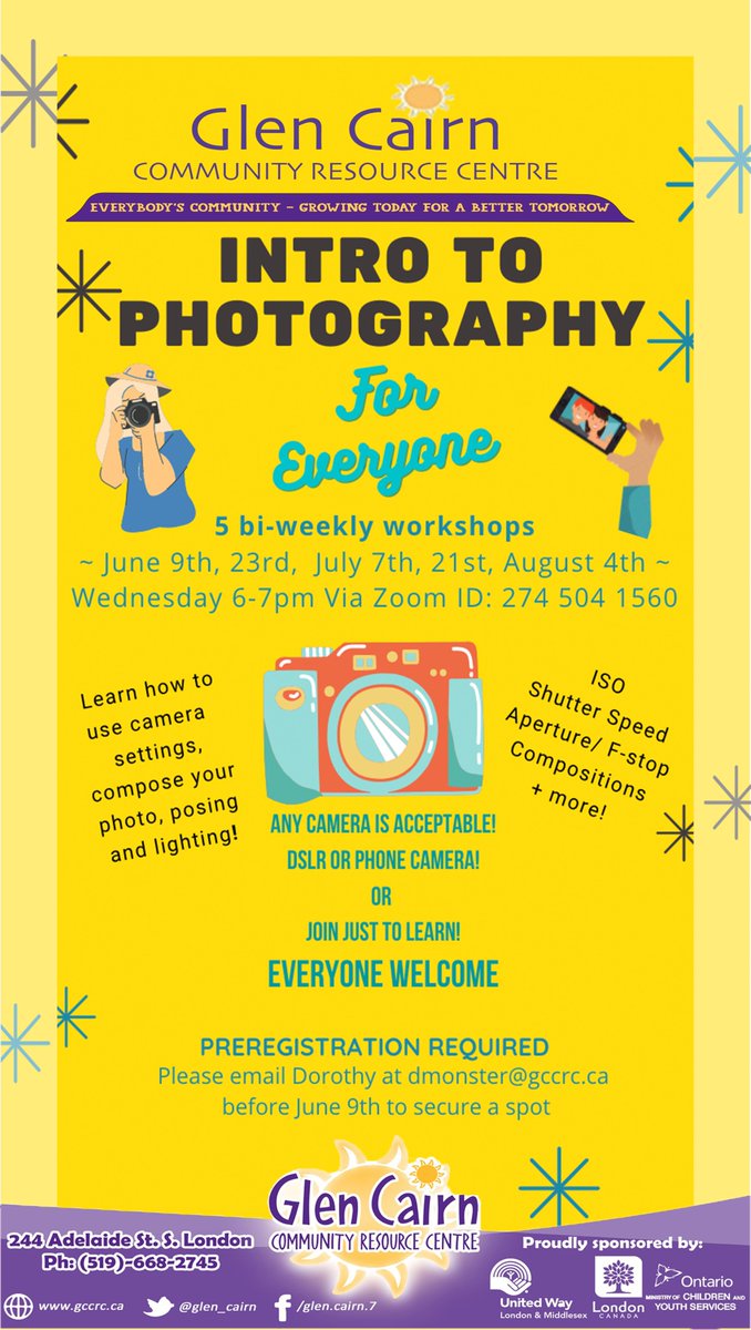 Hello Community!! We're excited to introduce 5 bi-weekly 'Intro to Photography for Everyone' workshops starting Wednesday, June 9th @ 6pm Via Zoom! Contact Dorothy at dmonster@gccrc.ca by June 9th to secure a spot!

more Info.
v v v