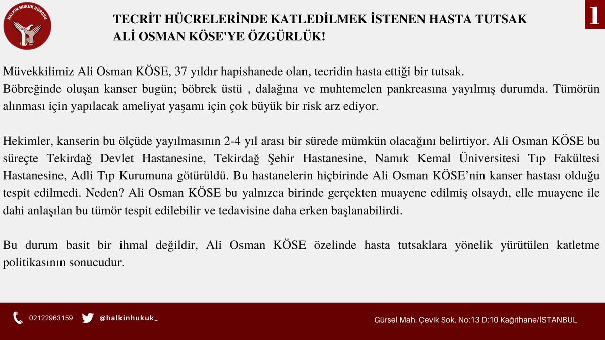 halkinhukuk_'s tweet photo. Devlet bütün kurumlarıyla Ali Osman KÖSE’nin hastalığının ilerlemesinden sorumludur. Ali Osman KÖSE bir an önce tahliye edilmeli ve tedavisi sağlanmalıdır.

HASTA TUTSAKLARA ÖZGÜRLÜK!
ALİ OSMAN KÖSE'YE ÖZGÜRLÜK! https://t.co/g73gAd1zNi