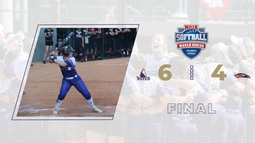 YoteAthletics's tweet photo. Move us to Monday! The Yotes knock off Southern Oregon 6-4 to remain in the winner's bracket of the NAIA World Series. Hattie Hruza had two home runs in a monster performance. Hannah Mikel contributed a key pinch hit two-run single in the fifth to give C of I the lead for good. https://t.co/K0i9paZQXh