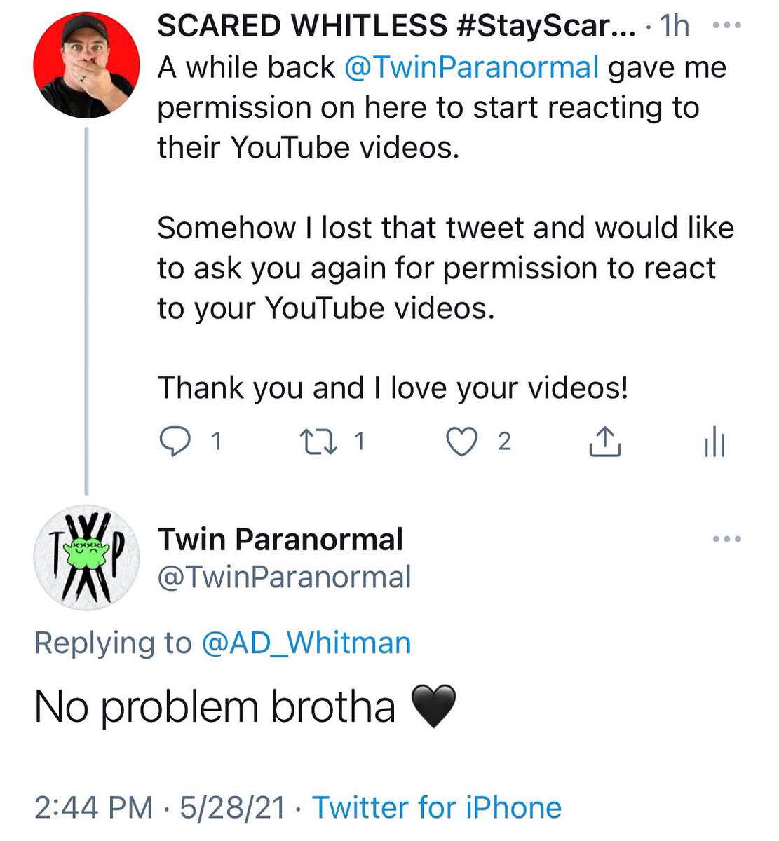 AD_Whitman's tweet photo. So far this week, Iโve gotten permission from @TParanormies and @TwinParanormal to be able to react to videos on their channels! ๐ฑ
Both have been featured on @NukesTop5 so holy crap this is awesome and will be a lot of fun! #StayScared #ScaredWhitless https://t.co/lkvmnkYwG5