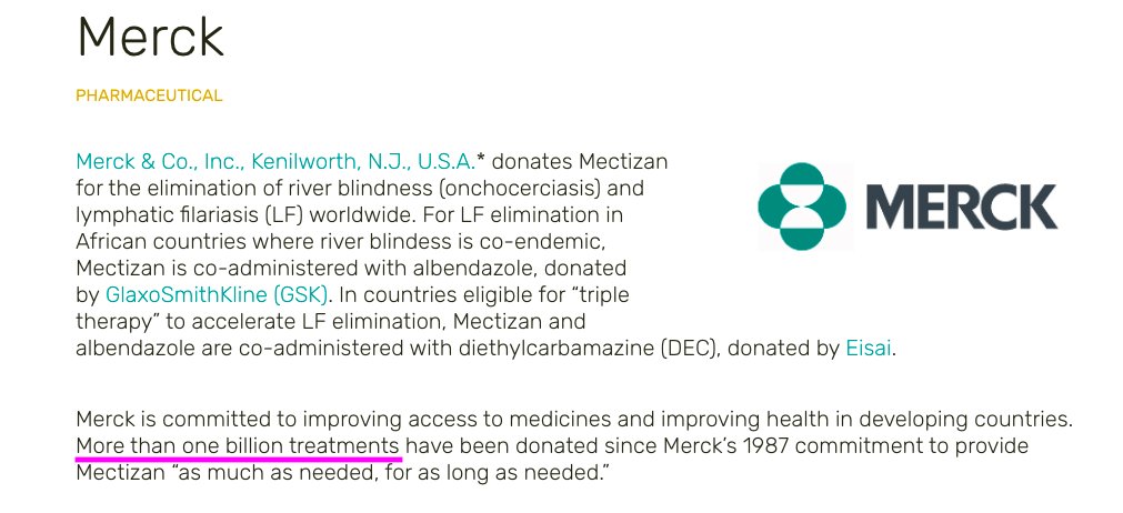 13/ Also regarding safety, Merck has donated more than 4 billion [sic] doses to Africa and other countries. (More on Merck and ivermectin further down the thread). https://mectizan.org/partners/merck/ 