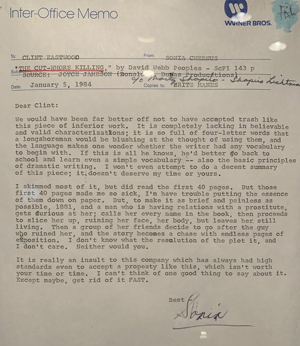 wychstreet's tweet image. This is the infamous reader's report on Unforgiven.