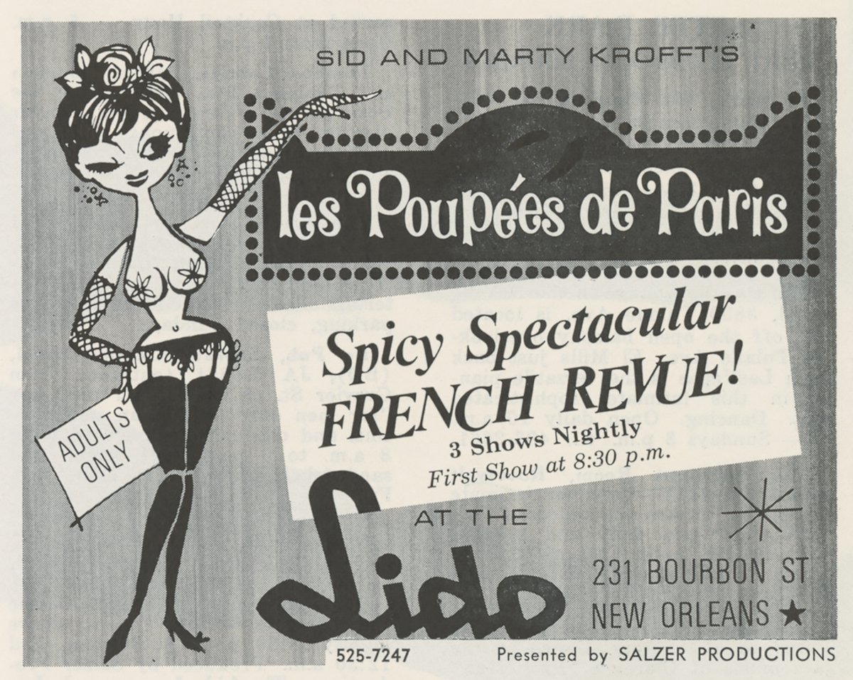 From 1967 // Sid and Marty Krofft's French Revue at the Lido in New Orleans. 

The venue became Pete Fountain's French Quarter Inn a few years later. A fire gutted most of the building in the 1980's. 

#NewOrleans #puppet https://t.co/SRKyYV4prf