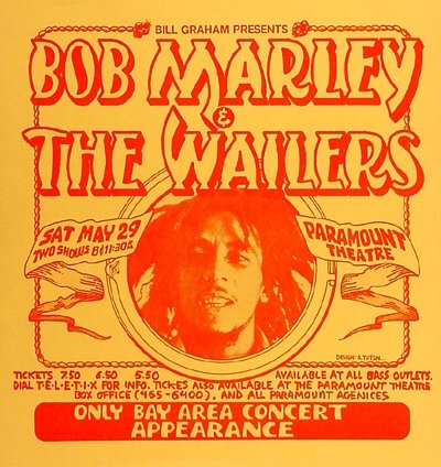 Concert poster from today in 1976, Bob Marley and the Wailers play the Paramount Theatre in #Oakland, CA on the #RastamanVibration tour! #todayinbobslife #bobmarley