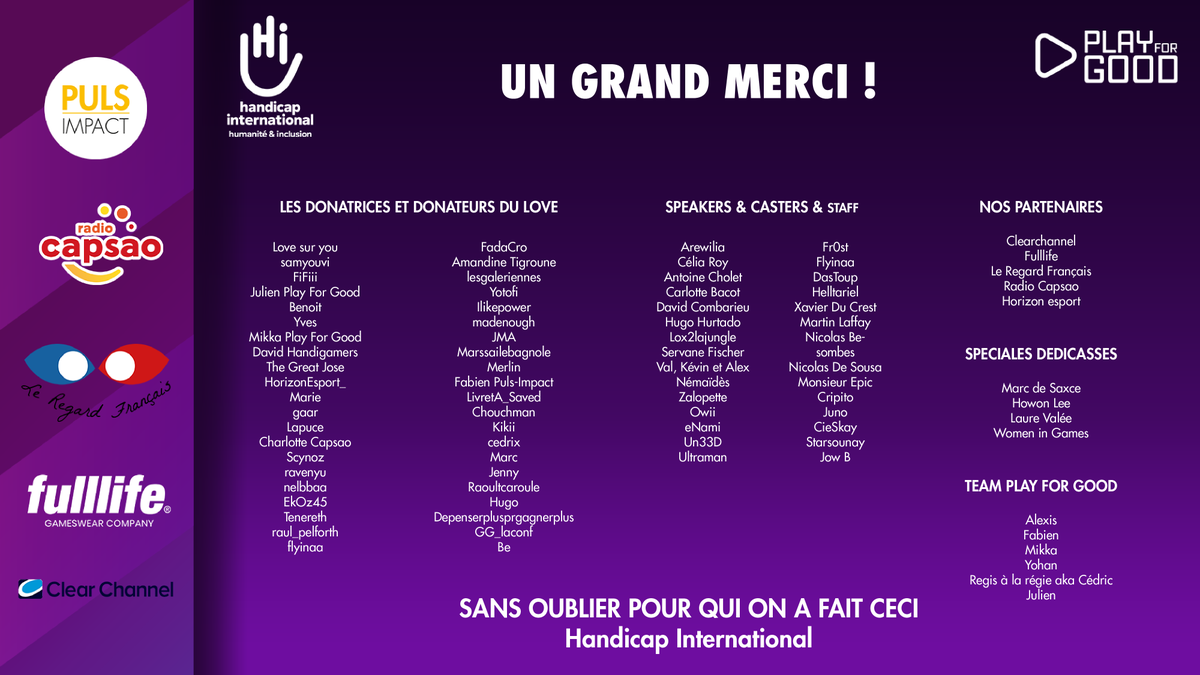 Un grand MERCI à tous de vous être mobilisé pour <a href="/HI_france/">Handicap International France</a>
Belle victoire de Señ0rPink pour ce dernier tournois TFT ! 
Merci pour votre magnifique cast @ArewiliaTFT &amp; <a href="/NemaidesTFT/">Robin "Némaïdès" B.</a> !
On revient très vite ! 
Vous pouvez toujours soutenir la cause 
par ici urlz.fr/fKrk