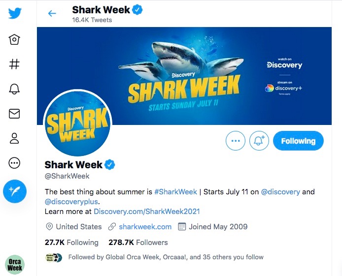 OrcaWeek's tweet photo. NEWS: #SharkWeek is back to a July airing for 2021.
@SharkWeek sponsored by @Discovery starts on July 11th this year. We’ll be watching. Before that #GlobalOrcaWeek sponsored by @OrcaWeek starts on June 20th. It’s going to be a fun summer. 😎 https://t.co/EPcQWhLWbP
