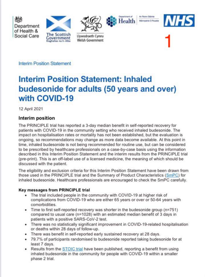 38/ By the way, after the STOIC RCT -- published in Lancet Respiratory Medicine -- and the PRINCIPLE data (see the Kaplan-Meyer curve in screenshot #4) even the UK’s uber-conservative NHS has authorized its use in at-risk outpatients: https://www.england.nhs.uk/coronavirus/wp-content/uploads/sites/52/2021/04/C1253-interim-position-statement-inhaled-budesonide-for-adults.pdf