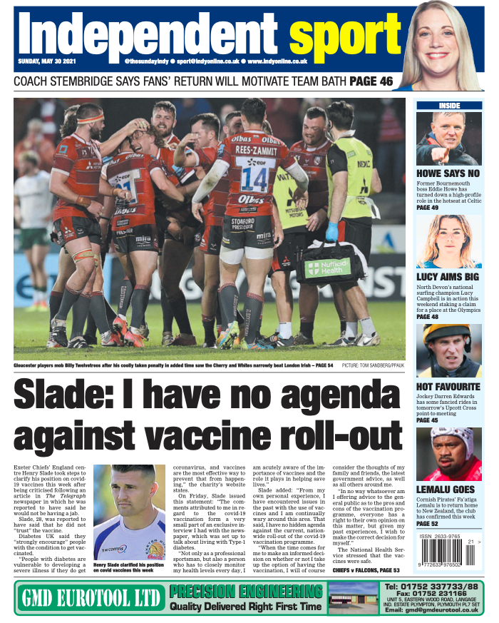 thesundayindy's tweet photo. 🗞️Your latest essential Sunday companion for everything West Country is on sale now.

🚜Farmers fear over trade deal
🏉Slade has no vaccine agenda
⚽️Play-offs for Gulls
➕Opinion, 'Good Times', puzzles, tv and more

In store or online➡️https://t.co/uBVhMjPG6f https://t.co/4irBY2yd9i