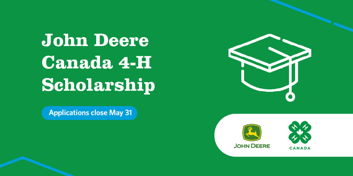 With the <a href="/JohnDeere/">John Deere USA</a> Canada 4-H Scholarship, 15 scholarships – valued at $1,000 each – are available to 4-H members pursuing post-secondary education. 

Learn more and submit your application by May 31 at 4-h-canada.ca/scholarships