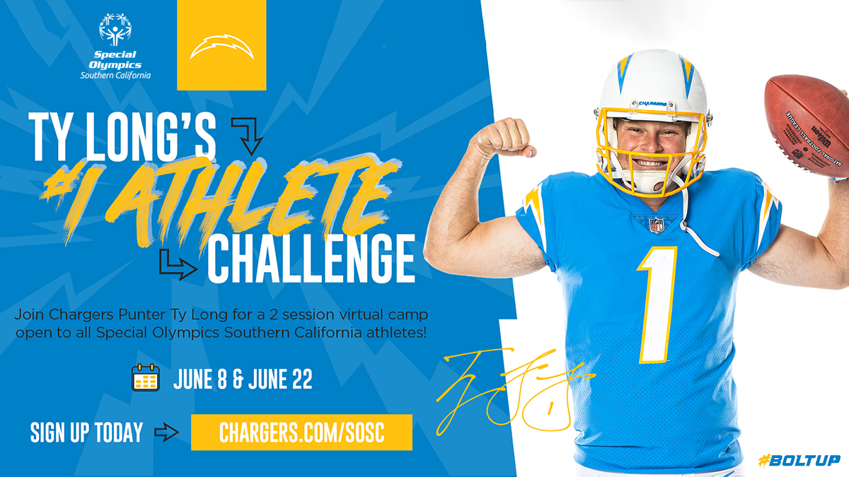 SOSoCal's tweet photo. 💙💛 ATTENTION SOSC ATHLETES!!! Join us for an online workout w/Ty Long, punter for the @Chargers ⚡ June 8 @ 5PM &amp; June 22 @ 5PM. Click the link below to register online by completing the event waiver. We can't wait to see you there! https://t.co/rIEe0p8lNE #WeAreSOSC @trlong02 https://t.co/dEpj1SbHeG