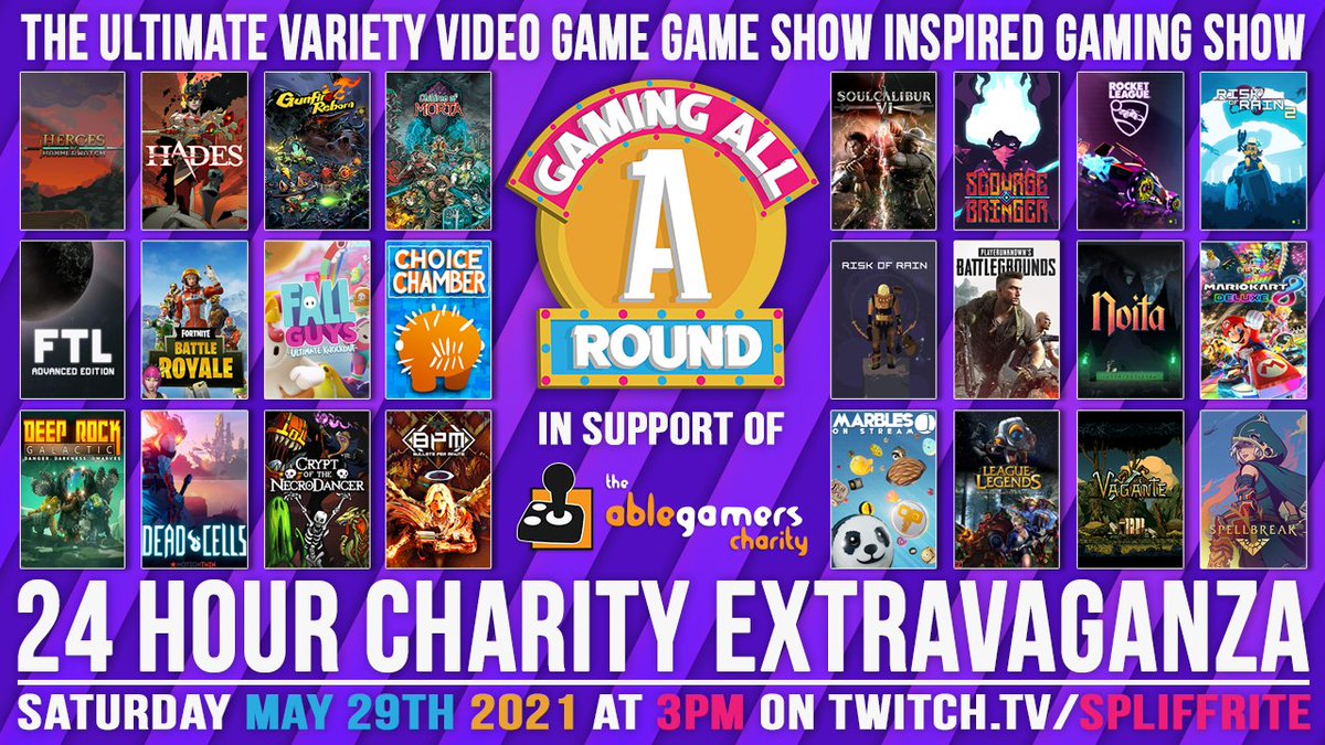 Spliffrite's tweet photo. It's finally here! 24+ Hour Charity Marathon in Support of @AbleGamers ! We'll be playing ~22 Games three times each in out special format called Gaming All A-Round! Come join in! https://t.co/yMcxXJEamQ https://t.co/ozhYX5wxYQ