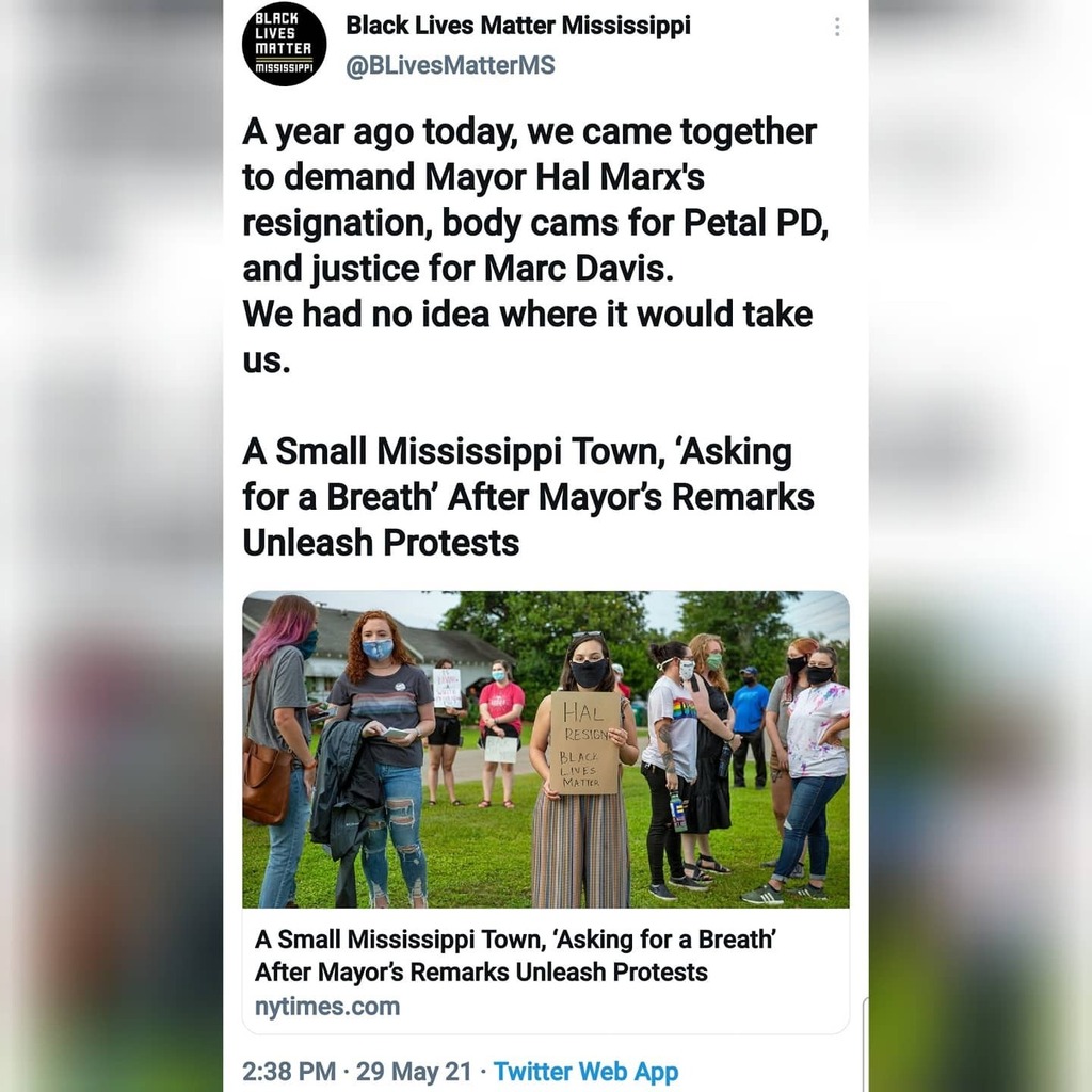 BLivesMatterMS's tweet photo. Today, we stand together with those same demands in place while fighting for justice and change across Mississippi.
#PetalProtest #JusticeForMarcDavis #BLM #HalMarx https://t.co/D8hrpCxQQ2